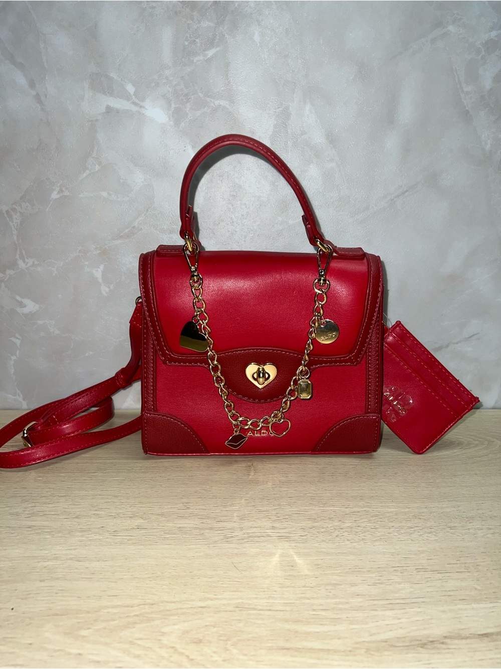 ALDO Red Heart Satchel Handbag w/ Charm Chain & Cardholder โ NWOT โค๏ธ
